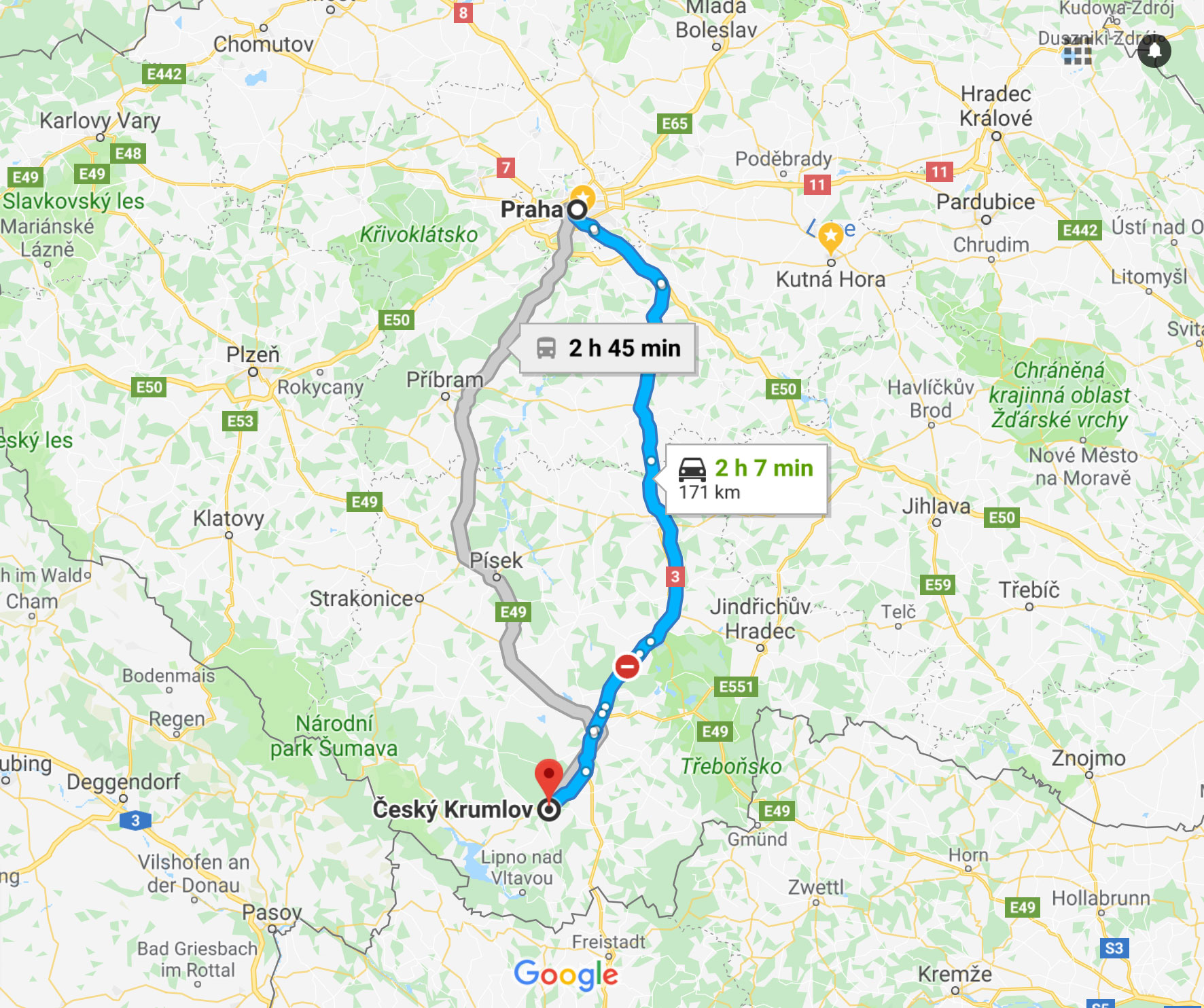 Prague to Krumlov Route Map